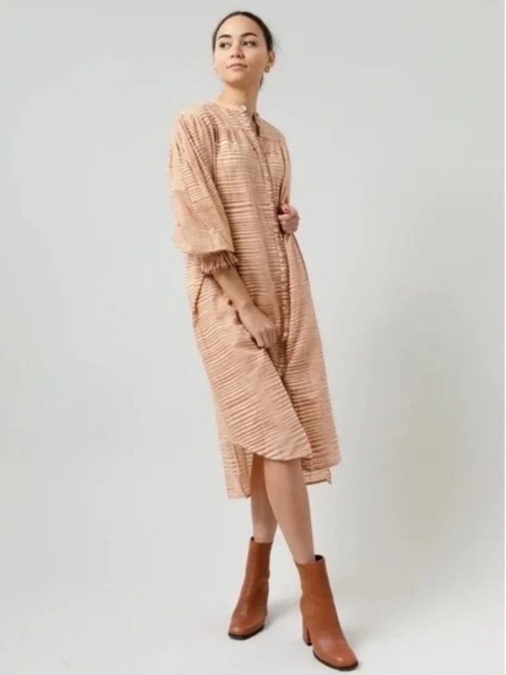 Ulla Johnson Fiora Dress Tan Long Sleeve Midi Shirt Dress Size 4 Fawn Stripe